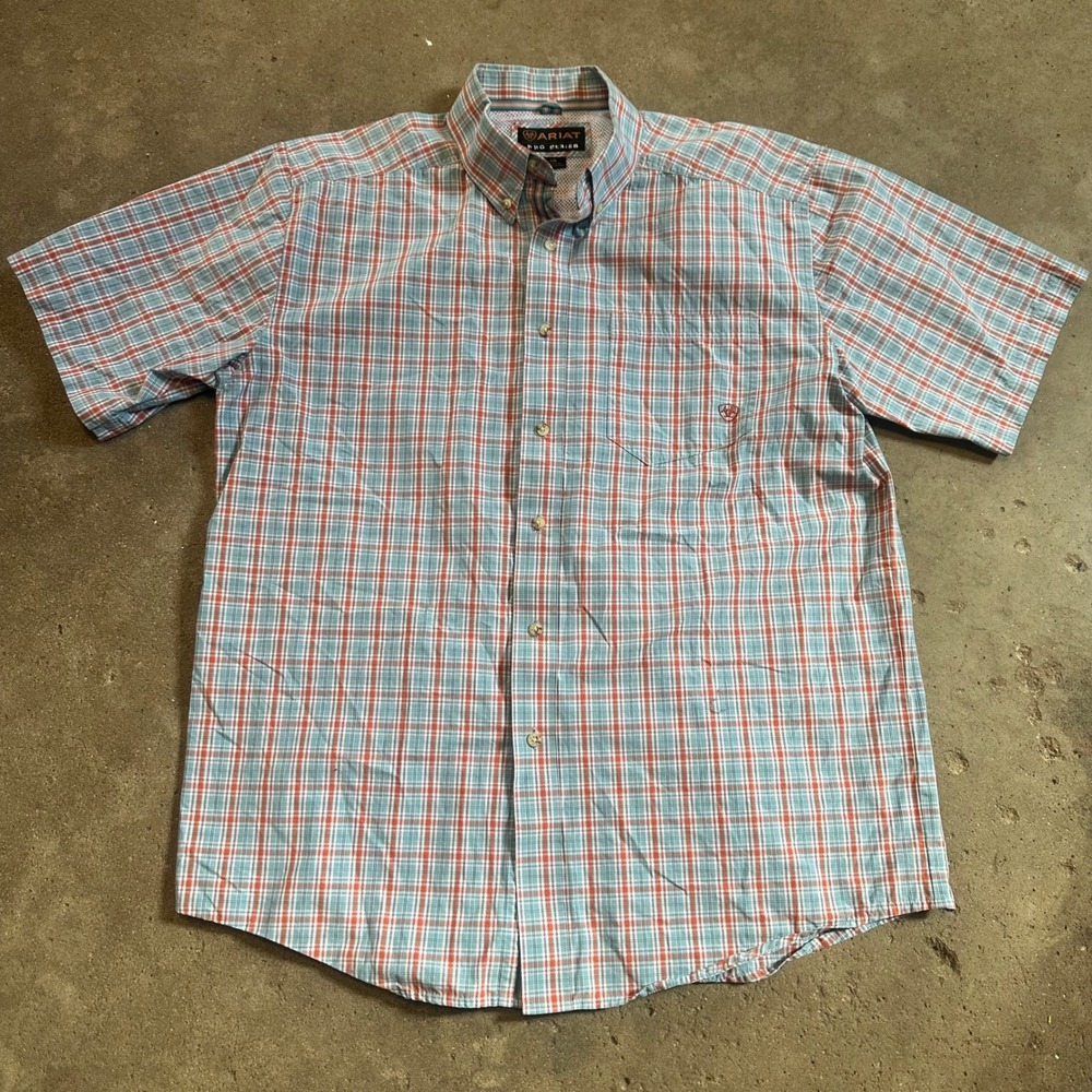 Ariat Pro Series Shirt Mens Large Blue Orange Plaid Short Sleeve Button Down